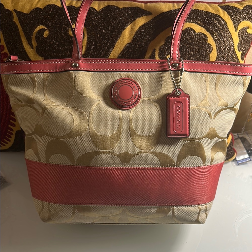 Coach Cream and Pink Signature Tote Bag